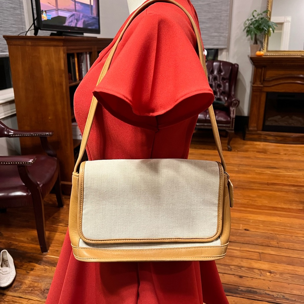 COACH Tan Leather/ Canvas Shoulder Bag.